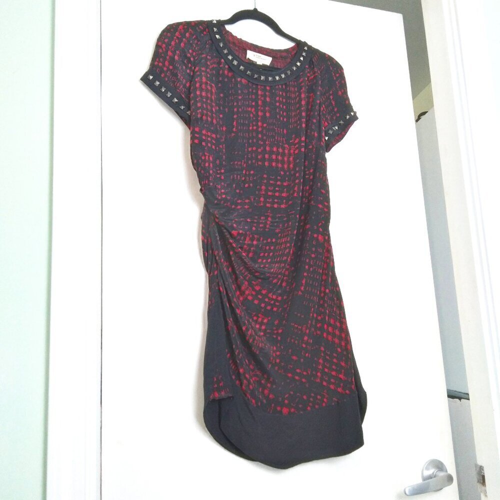 IsabelMarant Etoile 'Trash Rouge' Red & Black Brass Studded Silk Dress Sz6 (EU2)
